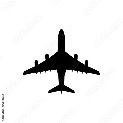 Overhead silhouette of a commercial airliner, black against white, showing wings and four engines