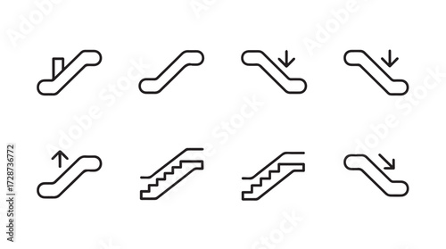 Set of escalator icons featuring up and down motion and stair styles vector