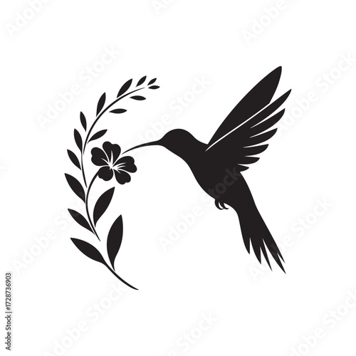 hummingbird sipping from flower vector silhouette clip art logo design illustration