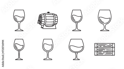 Set of stylized hand drawn wine glasses barrels and tasting notes icons for beverage and hospitality vector