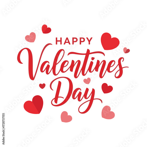 Happy valentines day handwritten text surrounded by floating red and pink hearts festive celebration