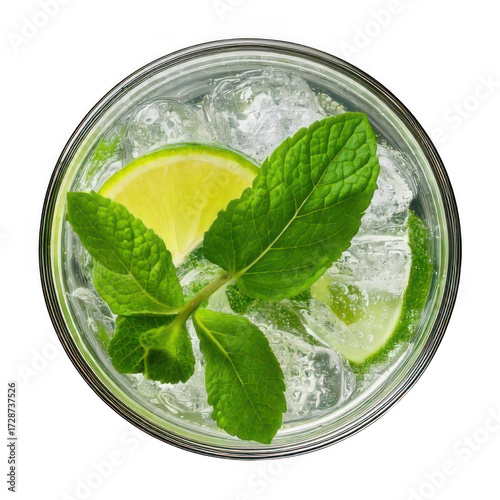  Gin tonic mojito cocktail with mint in a glass top view isolated on transparent white background, clipping path