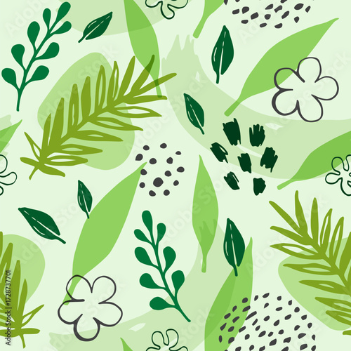 A seamless pattern of green foliage abstract shapes and scattered dots