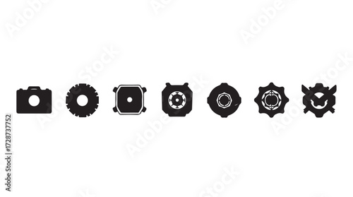 Set of seven different stylized camera lens and aperture icons in monochromatic tones vector