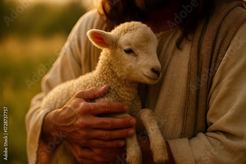 Close-Up of Jesus Christ’s Hands Gently Holding a Lamb: The Lamb of God