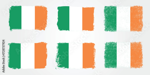 Grunge brush variations of the Ireland green white orange flag