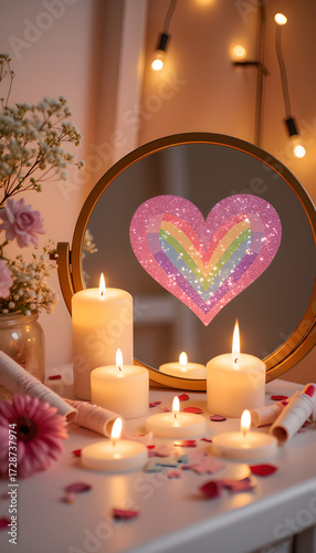 Romantic table setting with candles and heart-shaped decor  