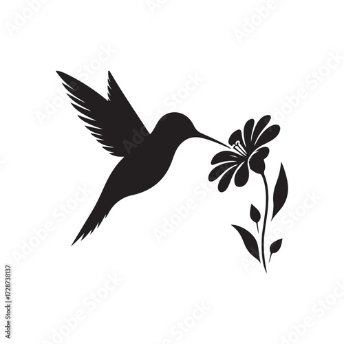 hummingbird sipping from flower vector silhouette clip art logo design illustration