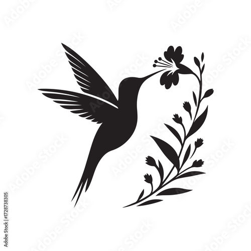 hummingbird sipping from flower vector silhouette clip art logo design illustration