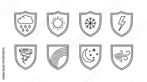 Set of eight shield icons representing various weather phenomena and elements vector
