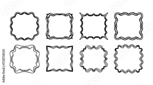 Set of eight unique sketchy abstract square frames with wavy hand-drawn borders for design elements vector