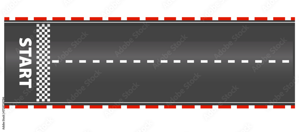 Obraz premium Race road Start top view asphalt track, sport speedway racetrack, competition roadway. border red and white.