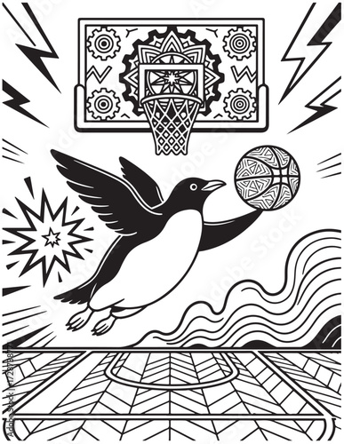 Penguin Basketball Coloring Page with Slam Dunk Hoop Court and Sports Fantasy Printable Line Art