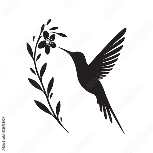 hummingbird sipping from flower vector silhouette clip art logo design illustration