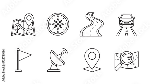 Set of hand-drawn navigation and travel icons including map pin compass road car flag satellite dish and magnifying glass over map. vector