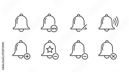 Collection of hand drawn notification bell icons with various status indicators for apps and websites vector