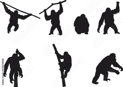 Silhouette of orangutans in various poses, wild ape shadows, climbing and sitting orangutan illustration, black silhouettes isolated on white background