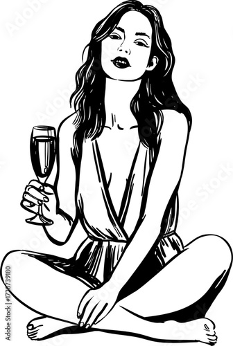 A black and white line drawing of a woman sitting crosslegged holding a glass