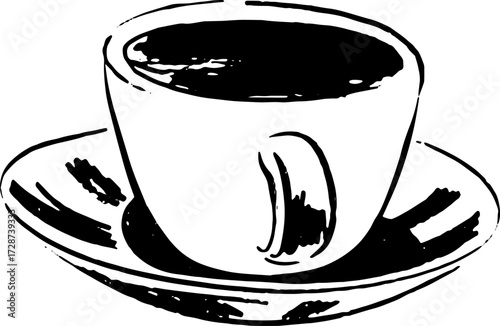 A black and white sketch of a coffee cup and saucer