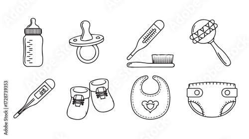 Hand drawn baby essentials collection icons for newborn care and childhood needs vector