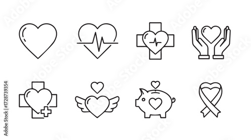 Collection of hand-drawn medical and care icons featuring hearts and ribbons for health awareness vector