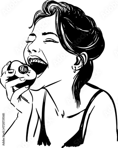 A black and white sketch of a woman biting into a piece of fruit
