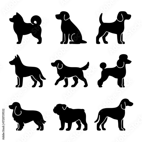 Dog breed silhouettes collection of nine poses