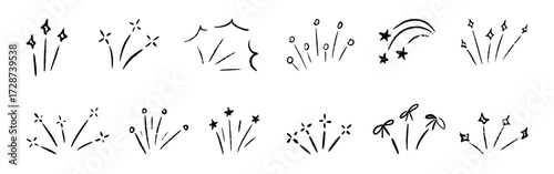 Confetti burst doodle line drawing set. Sketch festive surprise firework explosion effect with blinking star, bow, firecracker sparks. Vector illustration of hand drawn celebration decor for party