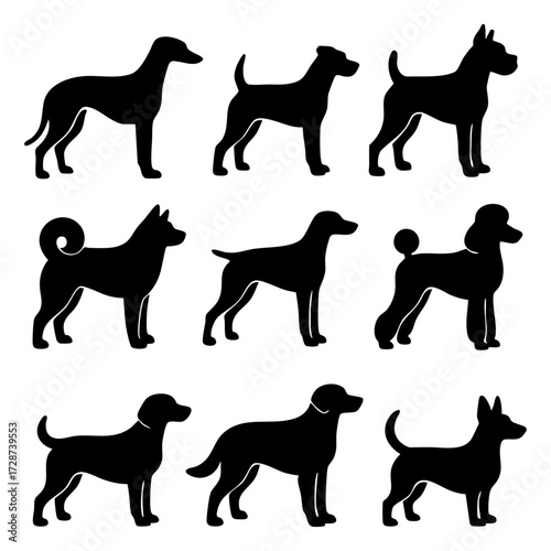 Dog breed silhouettes set of nine on white background