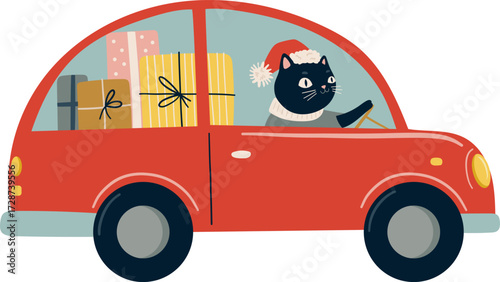 A black cat in a Santa hat drives a red car loaded with gifts