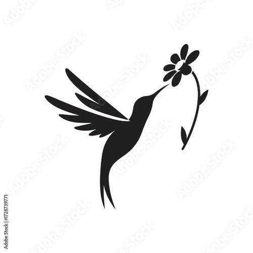 hummingbird sipping from flower vector silhouette clip art logo design illustration