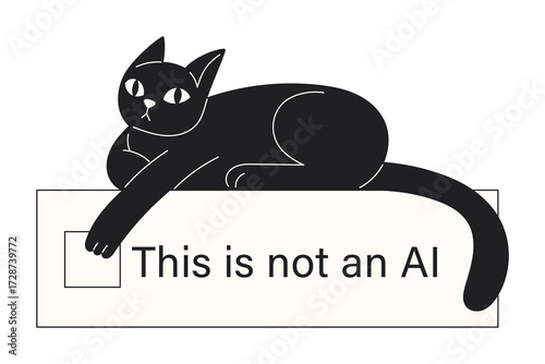 A black cat is reclining on a box with text