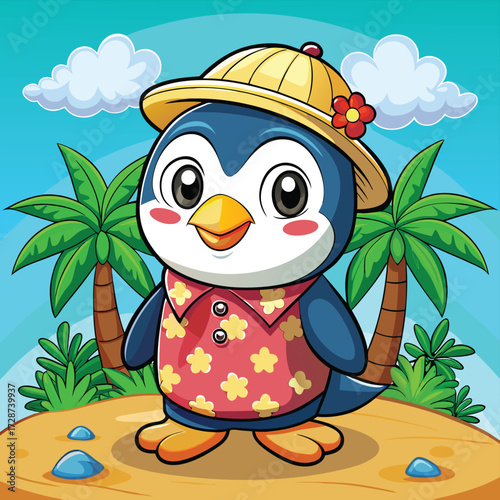 Cartoon penguin in a Hawaiian shirt and hat on a tropical island illustration cute