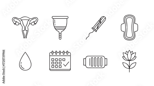 Feminine hygiene icons set menstrual cycle products uterus tampon pad cup flower vector