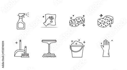 Set of hand drawn cleaning supplies icons for a sparkling home environment vector
