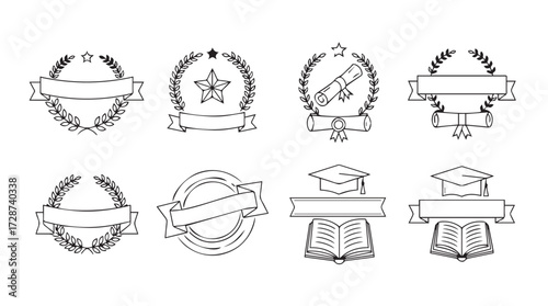 Collection of circular emblems with ribbons and laurel wreaths for certificates and awards vector
