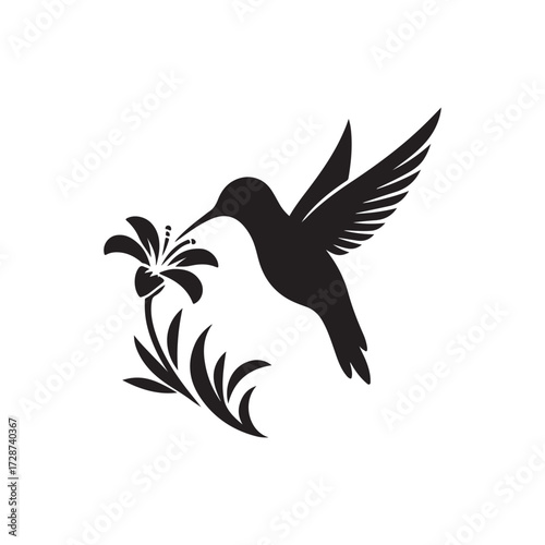 hummingbird sipping from flower vector silhouette clip art logo design illustration
