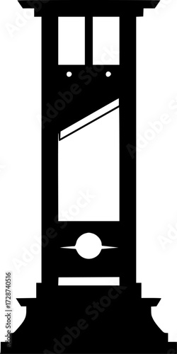 A stylized black guillotine, centered, white negative space, sharp angles