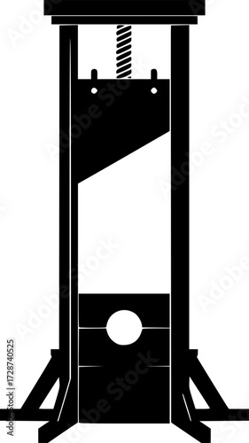 A stylized black guillotine, centered, white negative space, sharp angles
