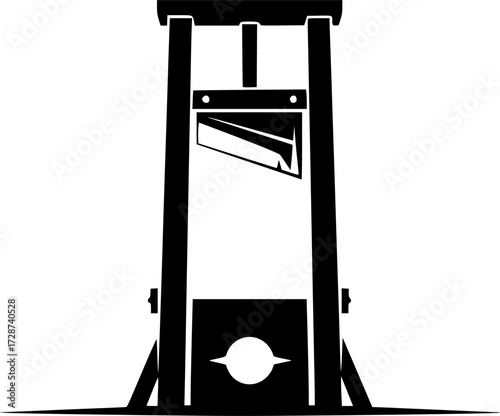 A stylized black guillotine, centered, white negative space, sharp angles