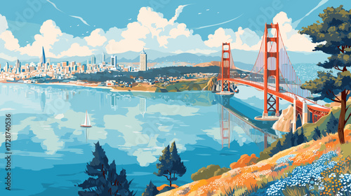 Cityscape of San Francisco, beautiful city in USA, attractive touristic advertisement poster, beautiful touristic must-see destination. Beautiful tourist destination. Famous Golden Gate bridge and cab