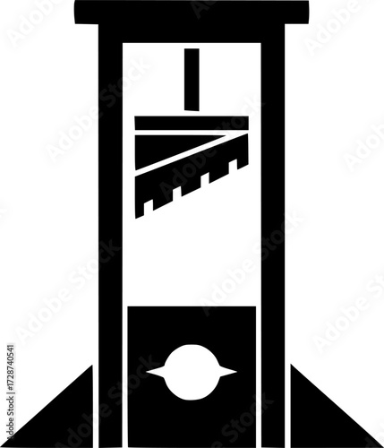 A stylized black guillotine, centered, white negative space, sharp angles