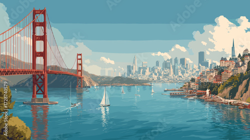 Cityscape of San Francisco, beautiful city in USA, attractive touristic advertisement poster, beautiful touristic must-see destination. Beautiful tourist destination. Famous Golden Gate bridge and cab