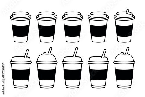 Black and white line art illustration of ten coffee cups with different lids