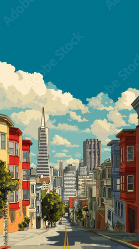 Cityscape of San Francisco, beautiful city in USA, attractive touristic advertisement poster, beautiful touristic must-see destination. Beautiful tourist destination. Famous Golden Gate bridge and cab