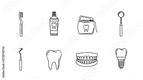 Dental hygiene icons set including toothbrush floss mouthwash dental mirror and tooth implant vector