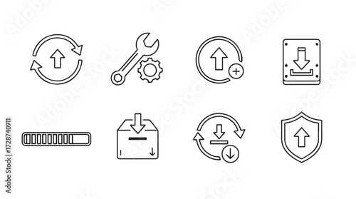 Collection of outline icons representing upload download refresh repair sync and storage operations vector