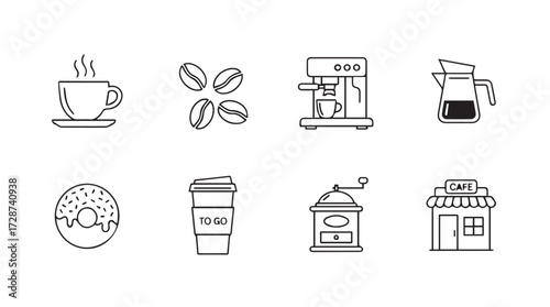 Collection of hand-drawn coffee shop icons featuring cup beans machine donut and storefront vector