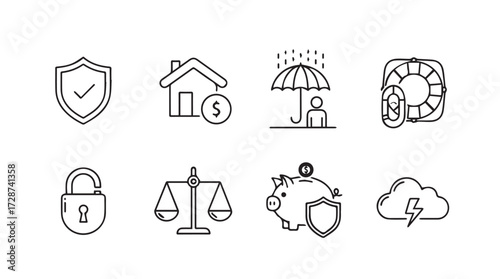Hand drawn insurance and security icons featuring shield house umbrella lock scales piggy bank and cloud vector