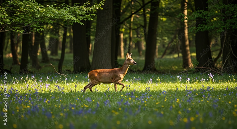 Fototapeta premium Deer walking forest meadow